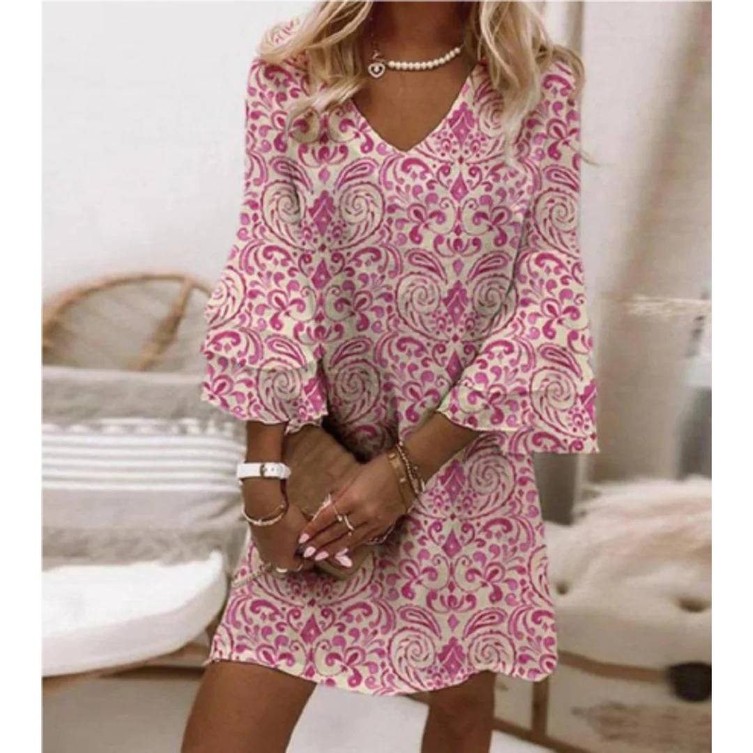 Robe courte femme – Coupe décontractée – Col en V – Manches 3/4 évasées – Tissu respirant