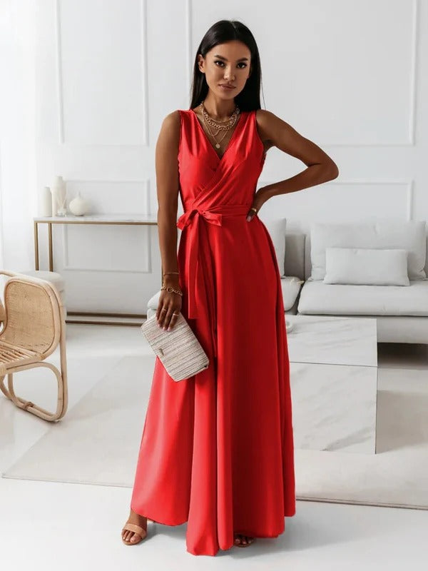 Robe longue femme – Tissu luxueux – Sans manches – Col en V – Taille ceinturée