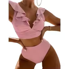 Bikini femme – Haut volanté col V – Taille haute – Tissu extensible respirant