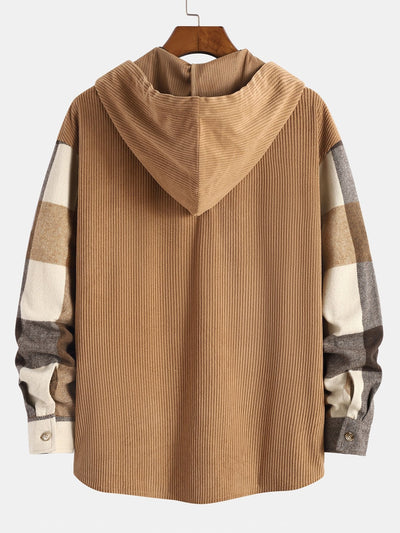 Chemise à capuche décontractée en flanelle à carreaux et velours côtelé