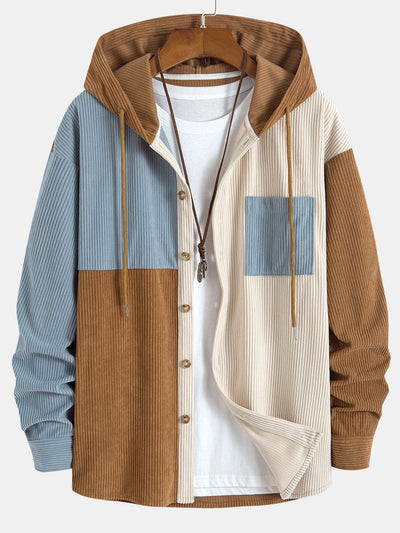 Chemise à capuche en velours côtelé colorblock coupe décontractée et pantalon droit en velours côtelé