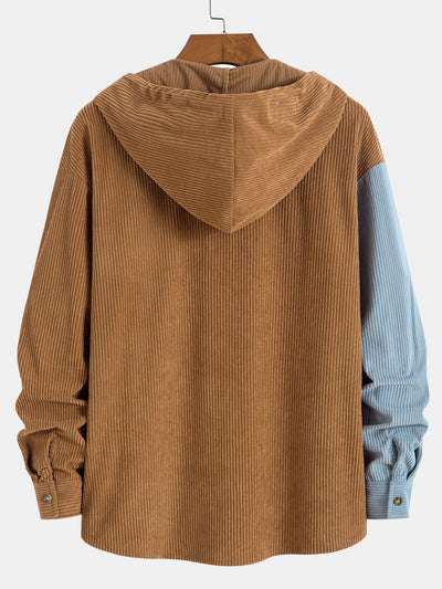 Chemise à capuche en velours côtelé colorblock coupe décontractée et pantalon droit en velours côtelé