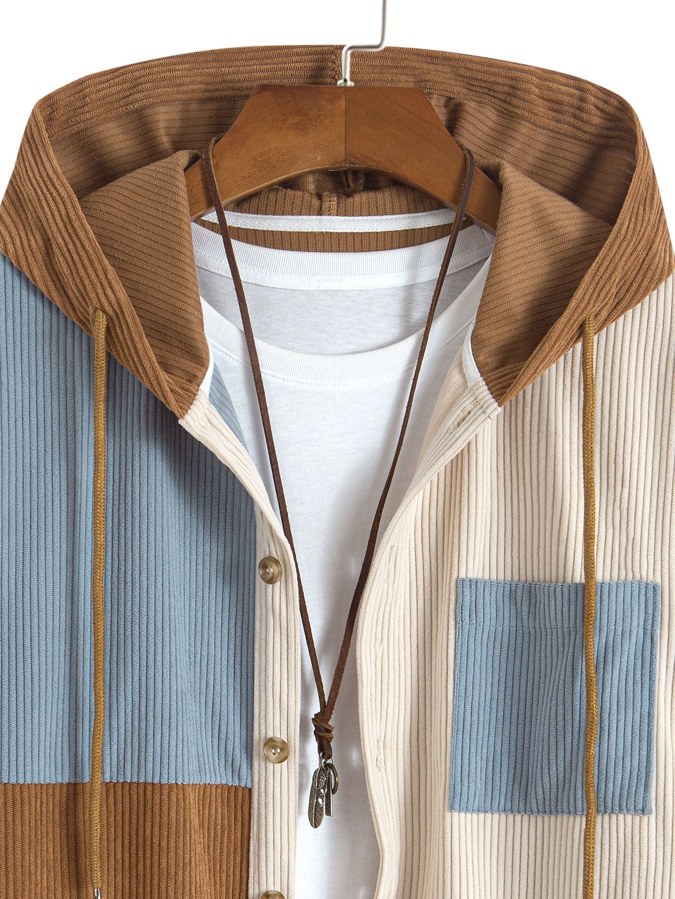 Chemise à capuche en velours côtelé colorblock coupe décontractée et pantalon droit en velours côtelé