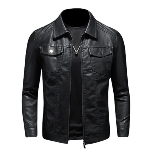 Homme - Veste de moto en cuir de première qualité avec col inversé et fermeture à glissière, coupe confortable