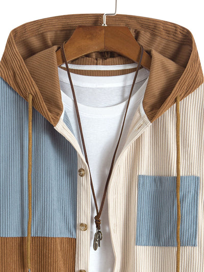 Chemise à capuche en velours côtelé colorblock coupe décontractée