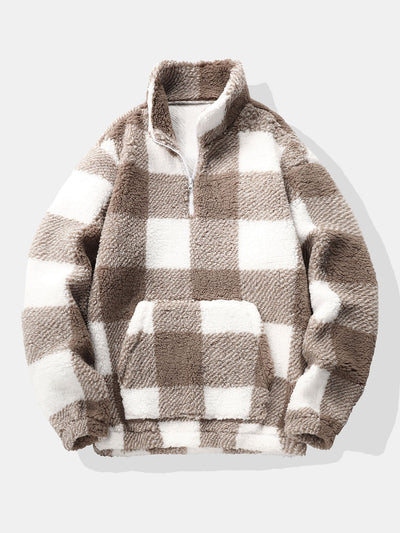 Sweat-shirt Teddy à carreaux et fermeture éclair quart de tour