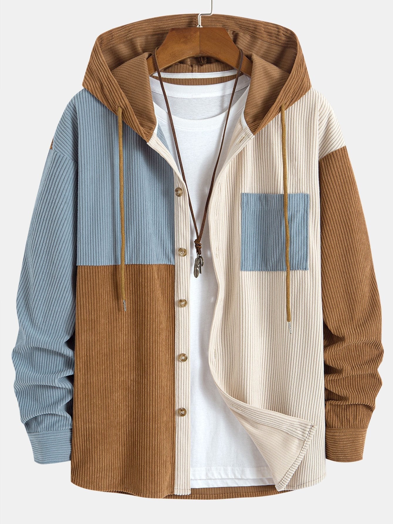 Chemise à capuche en velours côtelé colorblock coupe décontractée