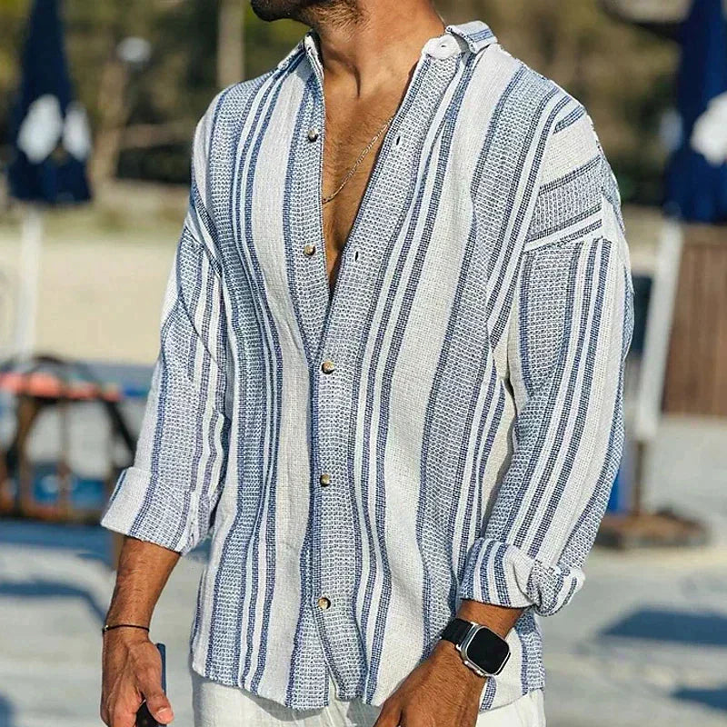 Chemise homme décontractée – Coupe ample – Rayures verticales – Fibres naturelles