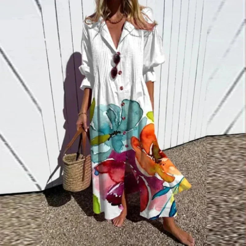 Robe Chemise Fleurie | Mélange de Lin | Élégance d’Été