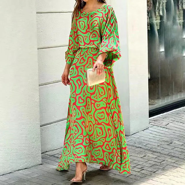 Robe longue femme – Coupe fluide – Tissu respirant – Manches larges – Col rond