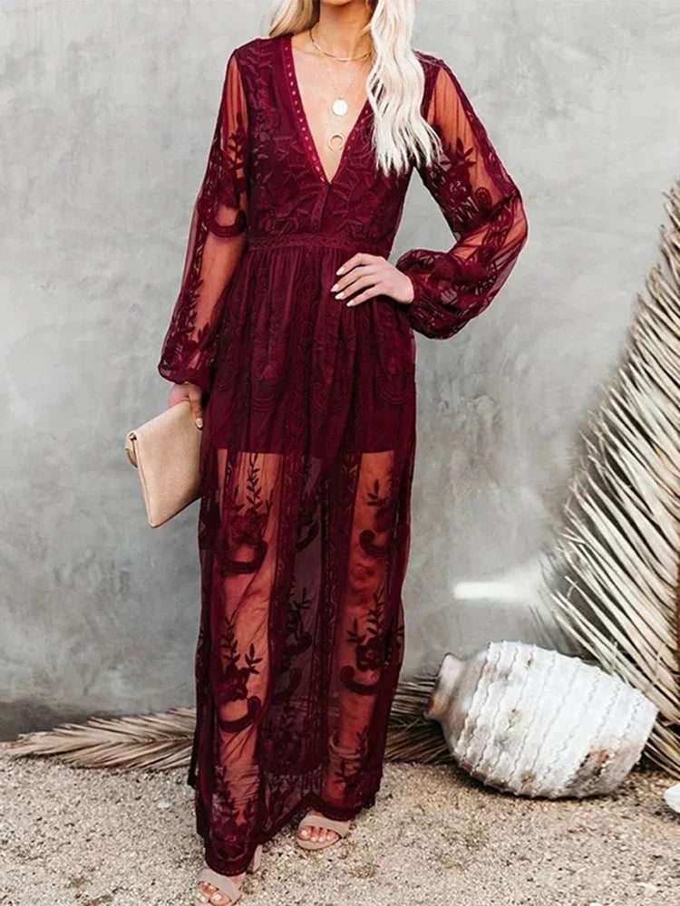 Mabyn - Robe longue en dentelle bohème intemporelle pour femme