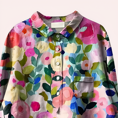 Blouse femme – Coupe décontractée – Fibres naturelles respirantes – Imprimé floral – Manches longues – Patte boutonnée – Col classique