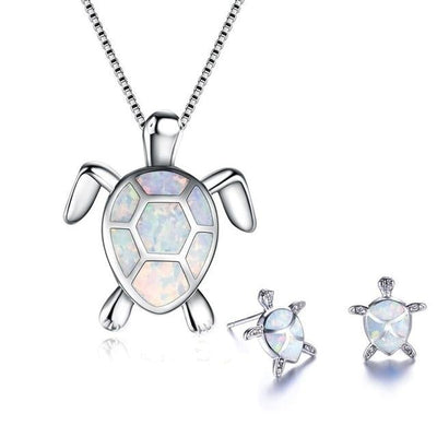Set de collier et boucles d'oreilles avec des tortues de mer en opale