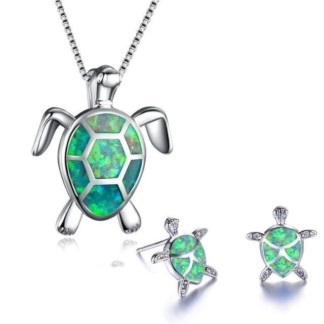 Set de collier et boucles d'oreilles avec des tortues de mer en opale