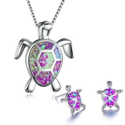 Set de collier et boucles d'oreilles avec des tortues de mer en opale