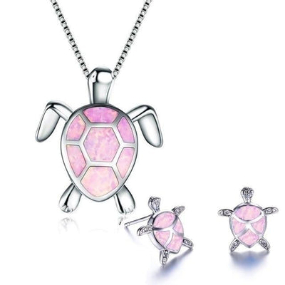 Set de collier et boucles d'oreilles avec des tortues de mer en opale