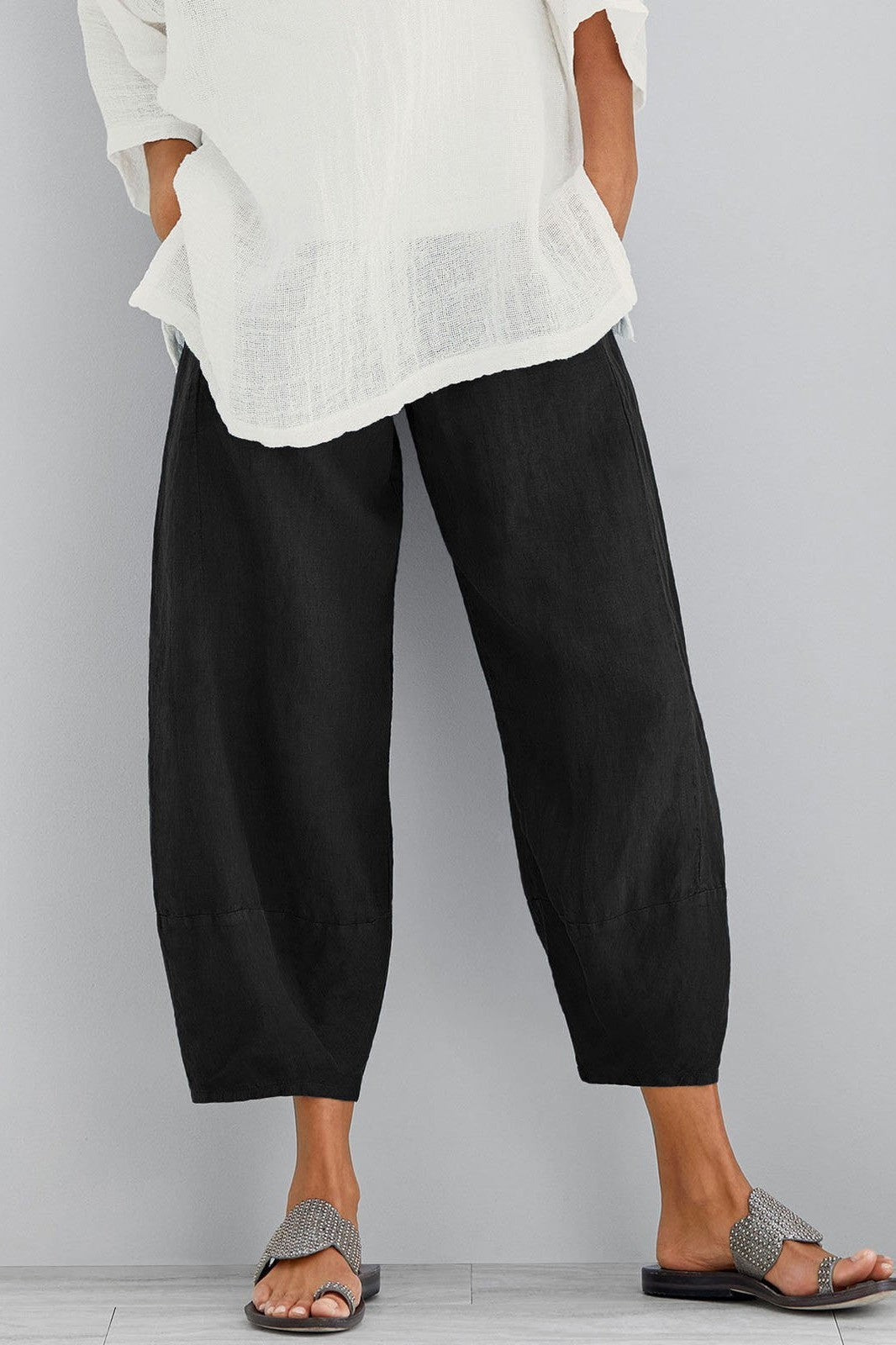 Pantalon femme – Coupe ample – Fibres naturelles – Jambe large – Longueur cheville