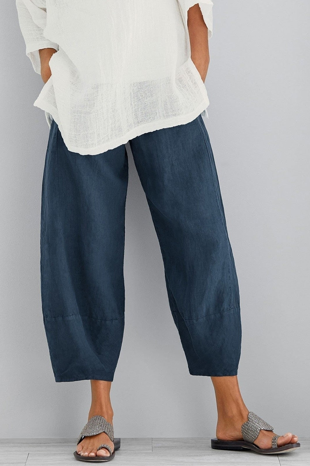 Pantalon femme – Coupe ample – Fibres naturelles – Jambe large – Longueur cheville