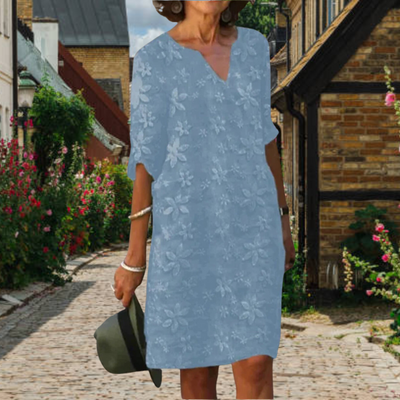 Robe femme – Coupe ample – Longueur genou – Col V – Broderie florale – Tissu respirant