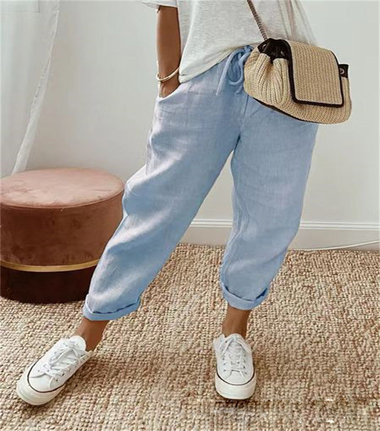 Pantalon femme – Coupe décontractée – Taille à cordon – Imprimé abstrait – Tissu léger