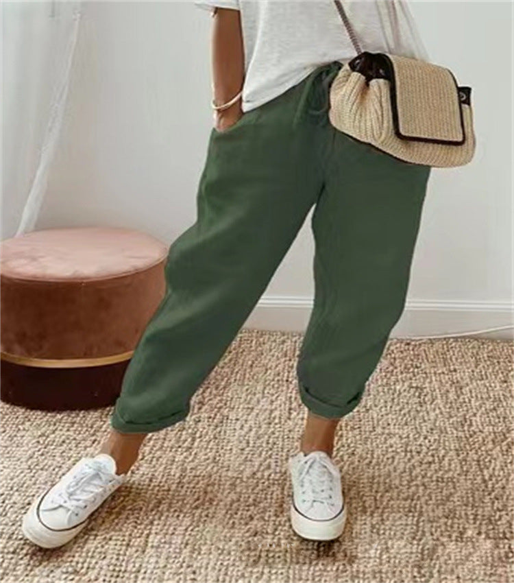 Pantalon femme – Coupe décontractée – Taille à cordon – Imprimé abstrait – Tissu léger