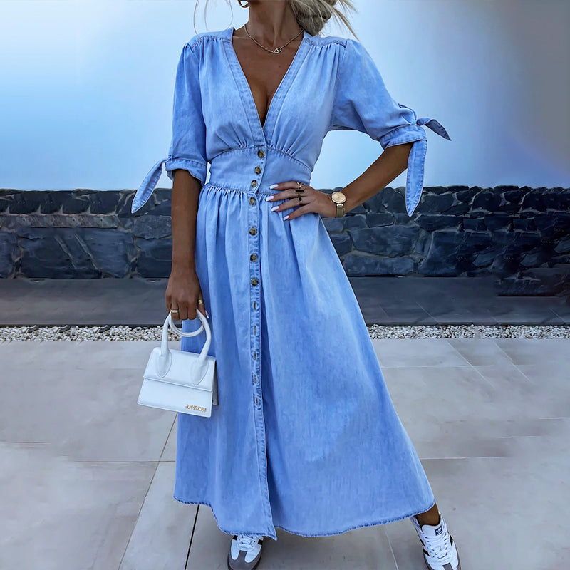 Christel| 👗Robe en jean avec décolleté en V et patte de boutonnage pour femmes