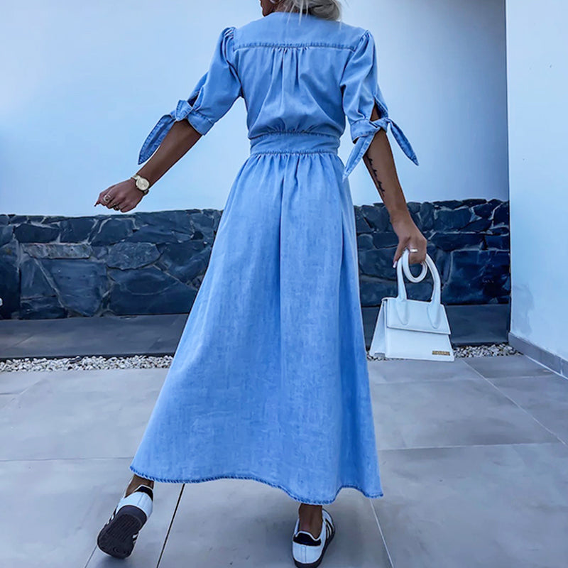 Christel| 👗Robe en jean avec décolleté en V et patte de boutonnage pour femmes