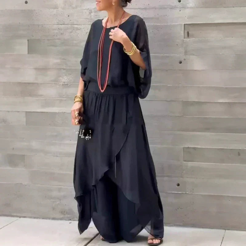 💃 Ensemble 2 pièces en Chiffon : Haut Ample & Pantalon Large Fendu✨