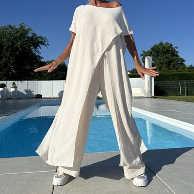 Livia| Ensemble d'un top et d'un pantalon décolletés unicolores