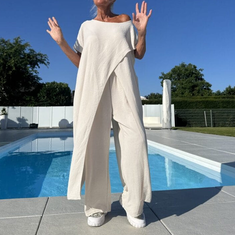 Livia| Ensemble d'un top et d'un pantalon décolletés unicolores