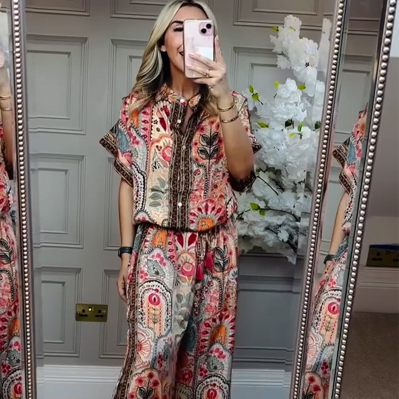 🎉💃 Ensemble à motifs - haut et pantalon large pour femmes