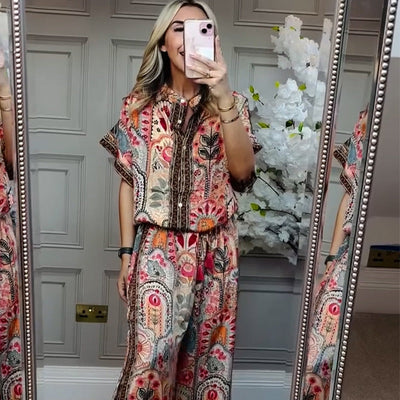 🎉💃 Ensemble à motifs - haut et pantalon large pour femmes
