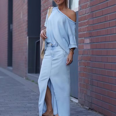 Lisa| Haut asymétrique à épaule pour femmes avec jupe maxi en denim fendue