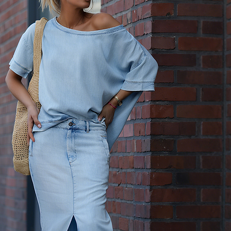 Lisa| Haut asymétrique à épaule pour femmes avec jupe maxi en denim fendue