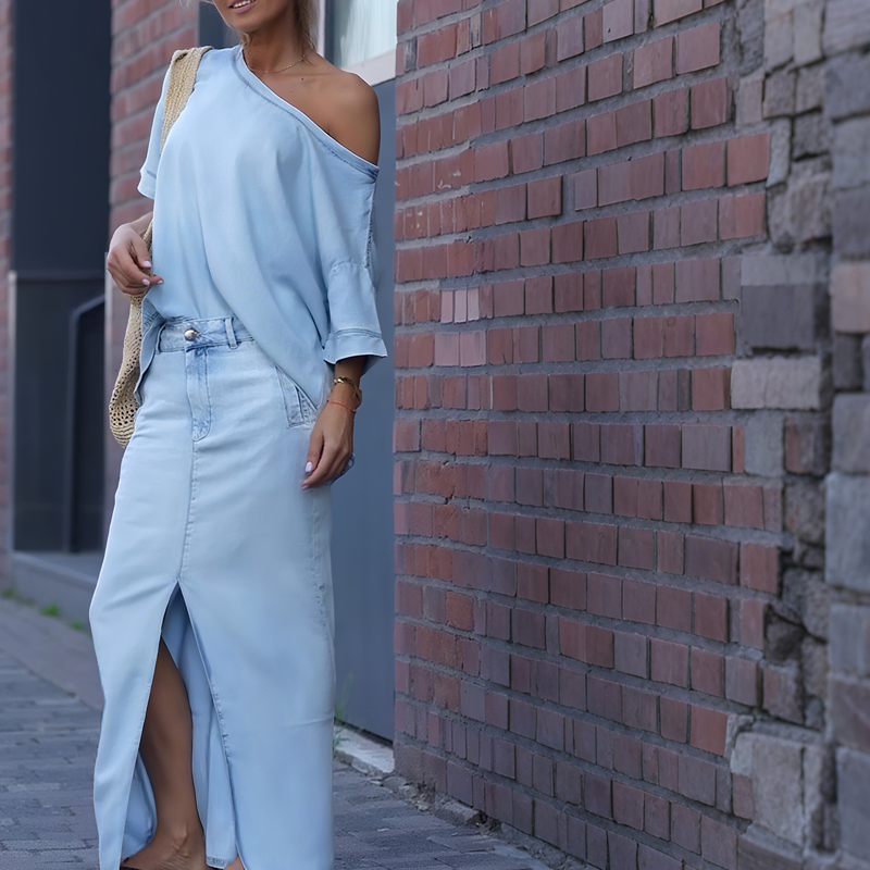 Lisa| Haut asymétrique à épaule pour femmes avec jupe maxi en denim fendue