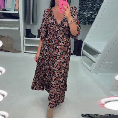 Marjolein| Robe maxi imprimée à décolleté en V avec manches 3/4
