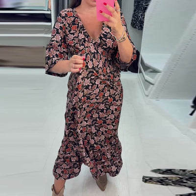 Marjolein| Robe maxi imprimée à décolleté en V avec manches 3/4