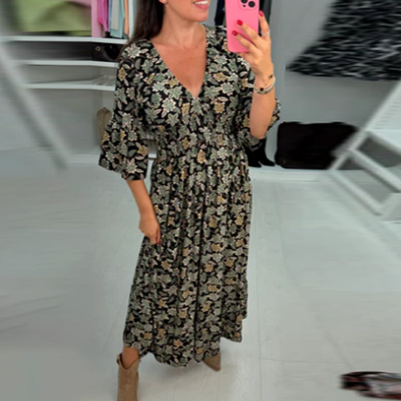 Marjolein| Robe maxi imprimée à décolleté en V avec manches 3/4