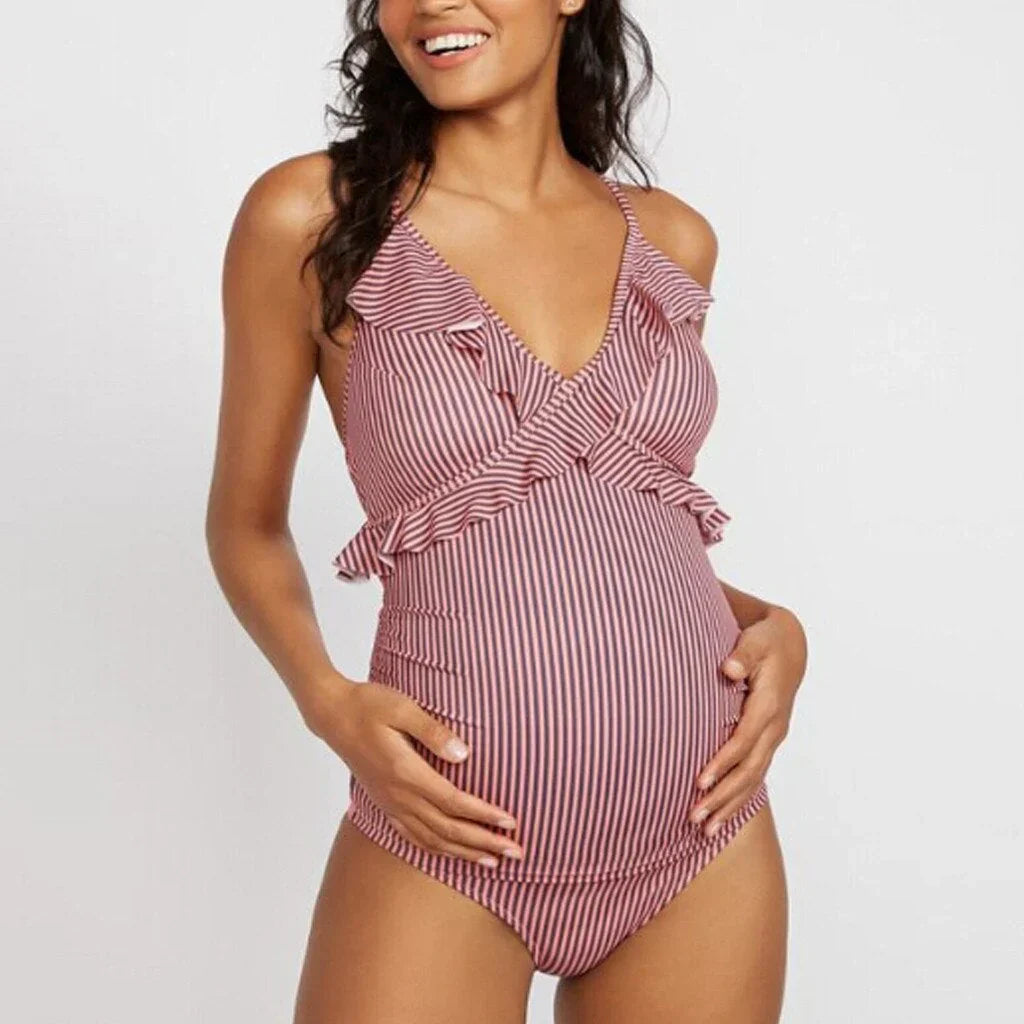 Maillot de bain maternité femme – Une pièce – Tissu respirant extensible – Bretelles croisées – Encolure en V – Volants décoratifs