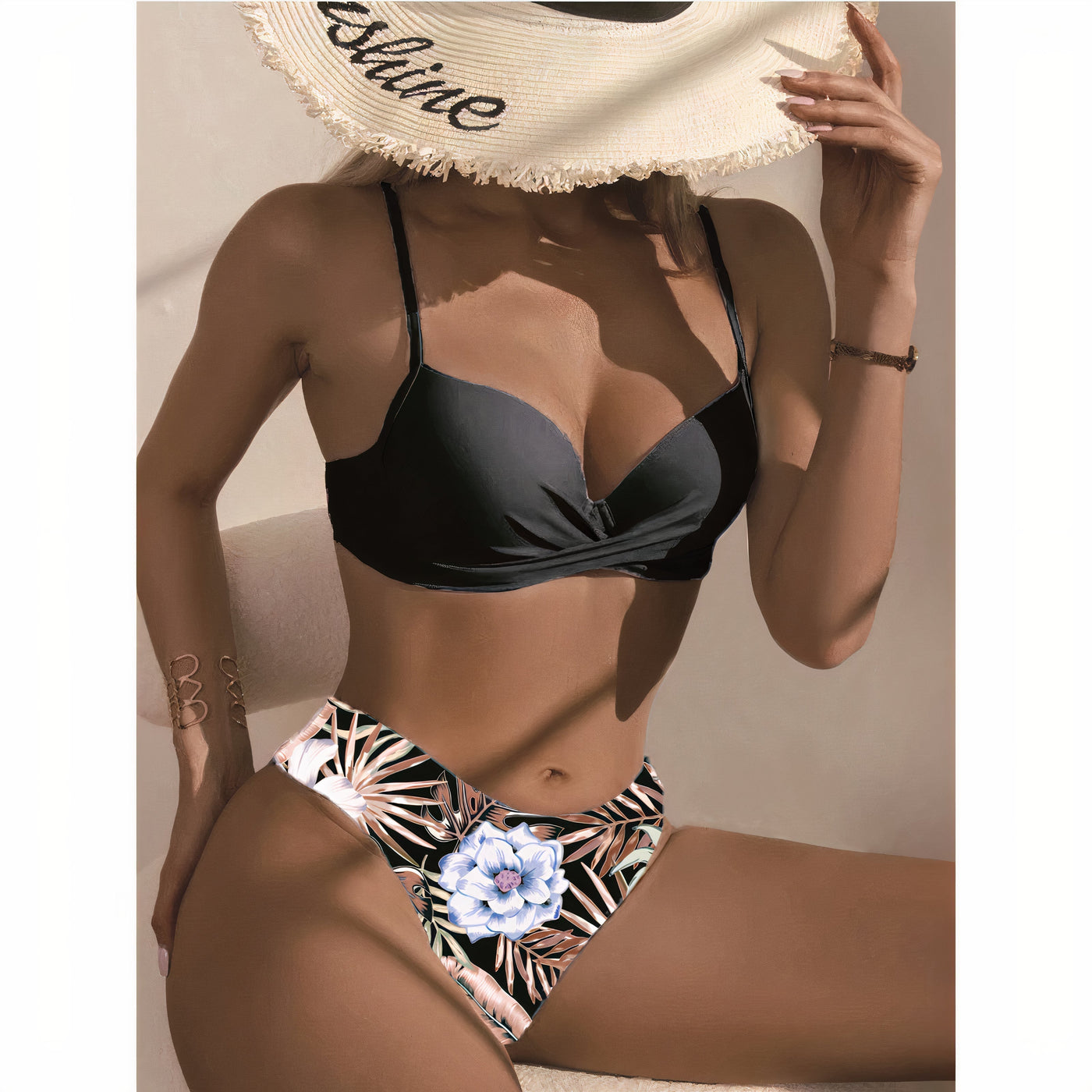 Bikini femme – Haut croisé ajustable – Taille haute – Tissu stretch respirant