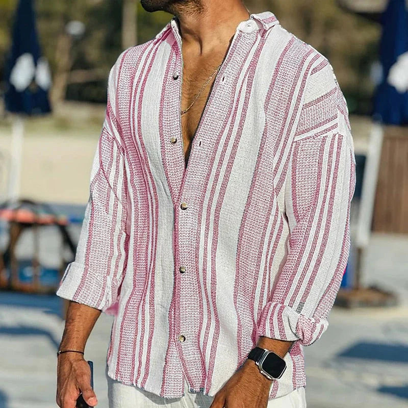 Chemise homme décontractée – Coupe ample – Rayures verticales – Fibres naturelles