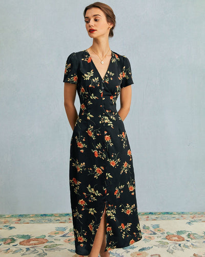 Astrid | Robe mi-longue noire à fleurs