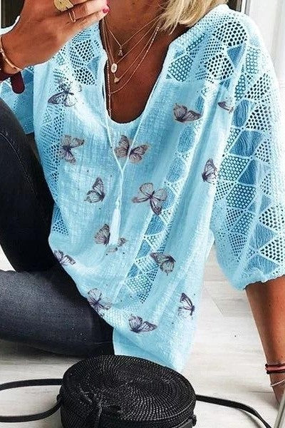 Blouse Femme – Coupe Ample – Tissu Respirant – Manches 3/4 en Dentelle – Motif Papillon