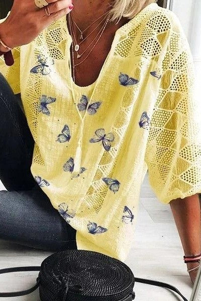 Blouse Femme – Coupe Ample – Tissu Respirant – Manches 3/4 en Dentelle – Motif Papillon