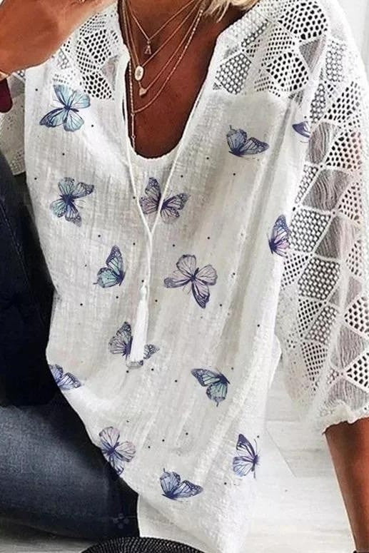 Blouse Femme – Coupe Ample – Tissu Respirant – Manches 3/4 en Dentelle – Motif Papillon
