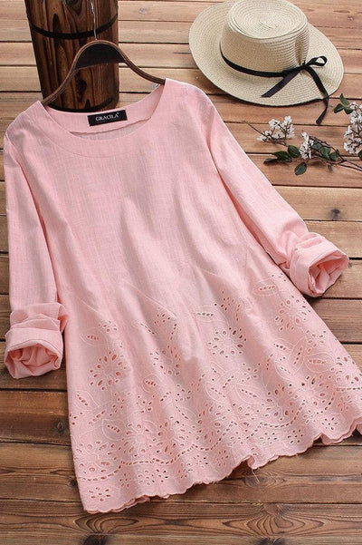 Blouse femme – Coupe décontractée – Manches longues roulées – Broderie artisanale