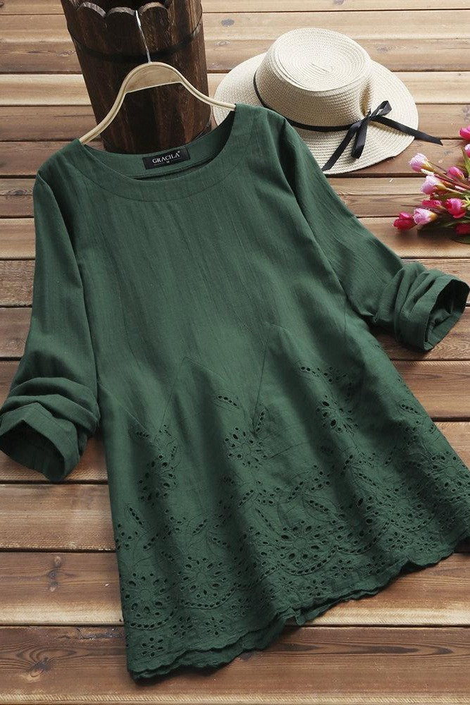 Blouse femme – Coupe décontractée – Manches longues roulées – Broderie artisanale