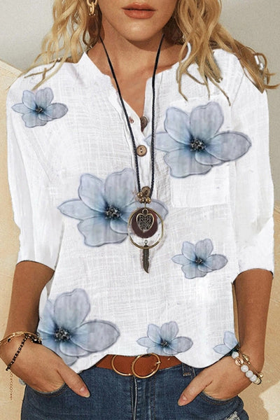 Blouse femme – Fibres naturelles – Coupe ample – Col V – Imprimé fleuri – Manches courtes