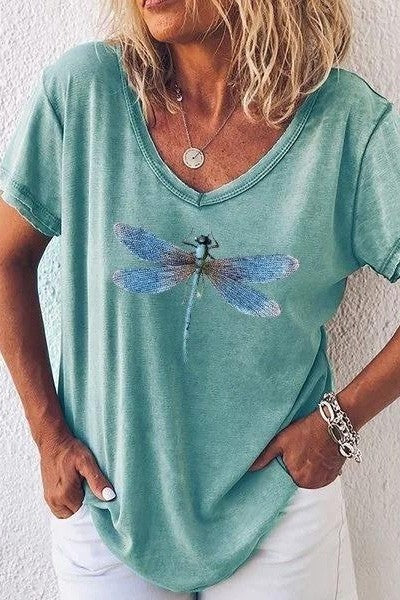 T-shirt femme col V – Coupe décontractée – Manches courtes – Motif libellule