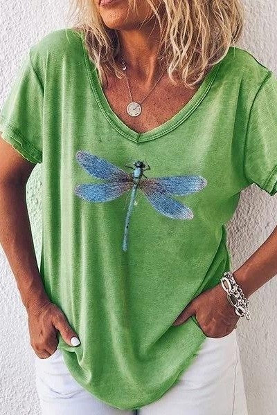 T-shirt femme col V – Coupe décontractée – Manches courtes – Motif libellule